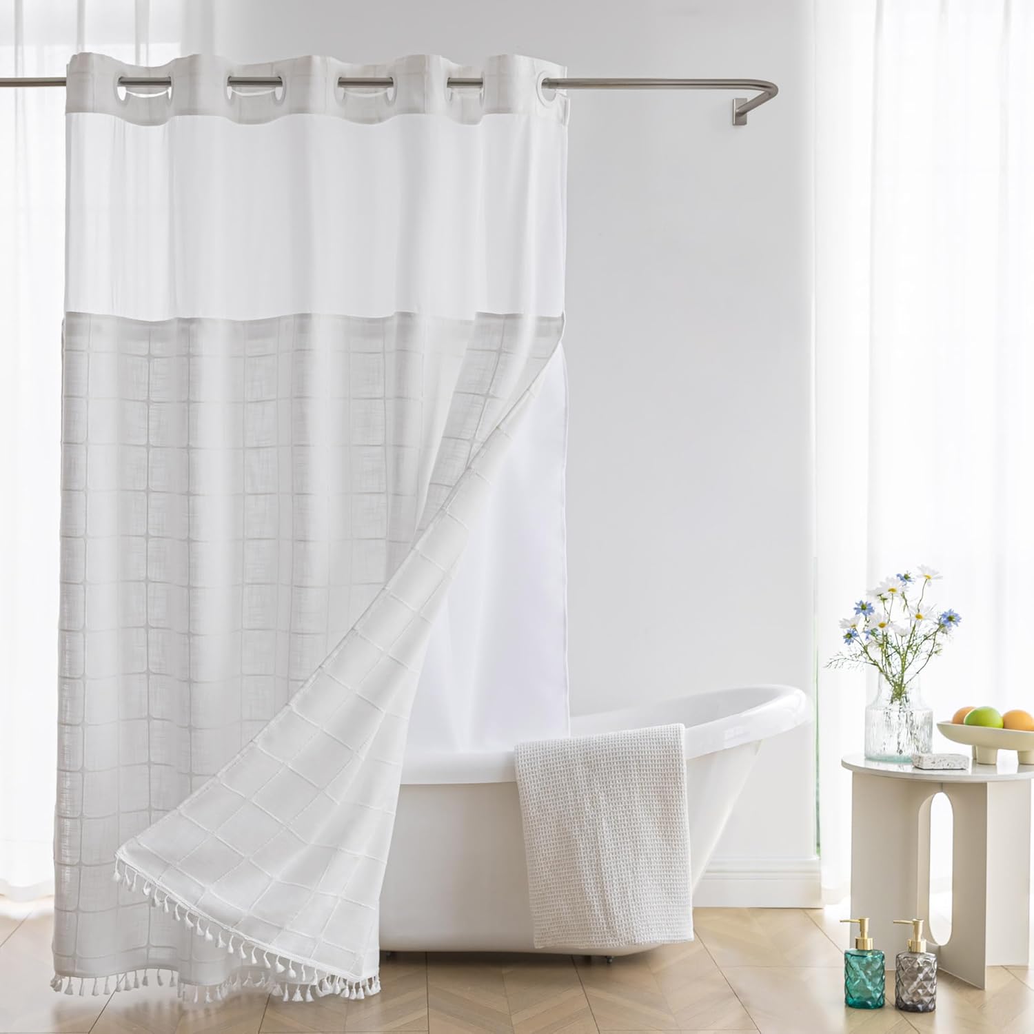 Farmhouse Shower Curtain with Snap-in Liner for Rustic Decor