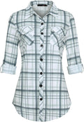 Womens Soft Stretchy Knit Plaid Shirt Button Down - Roll Up Sleeve