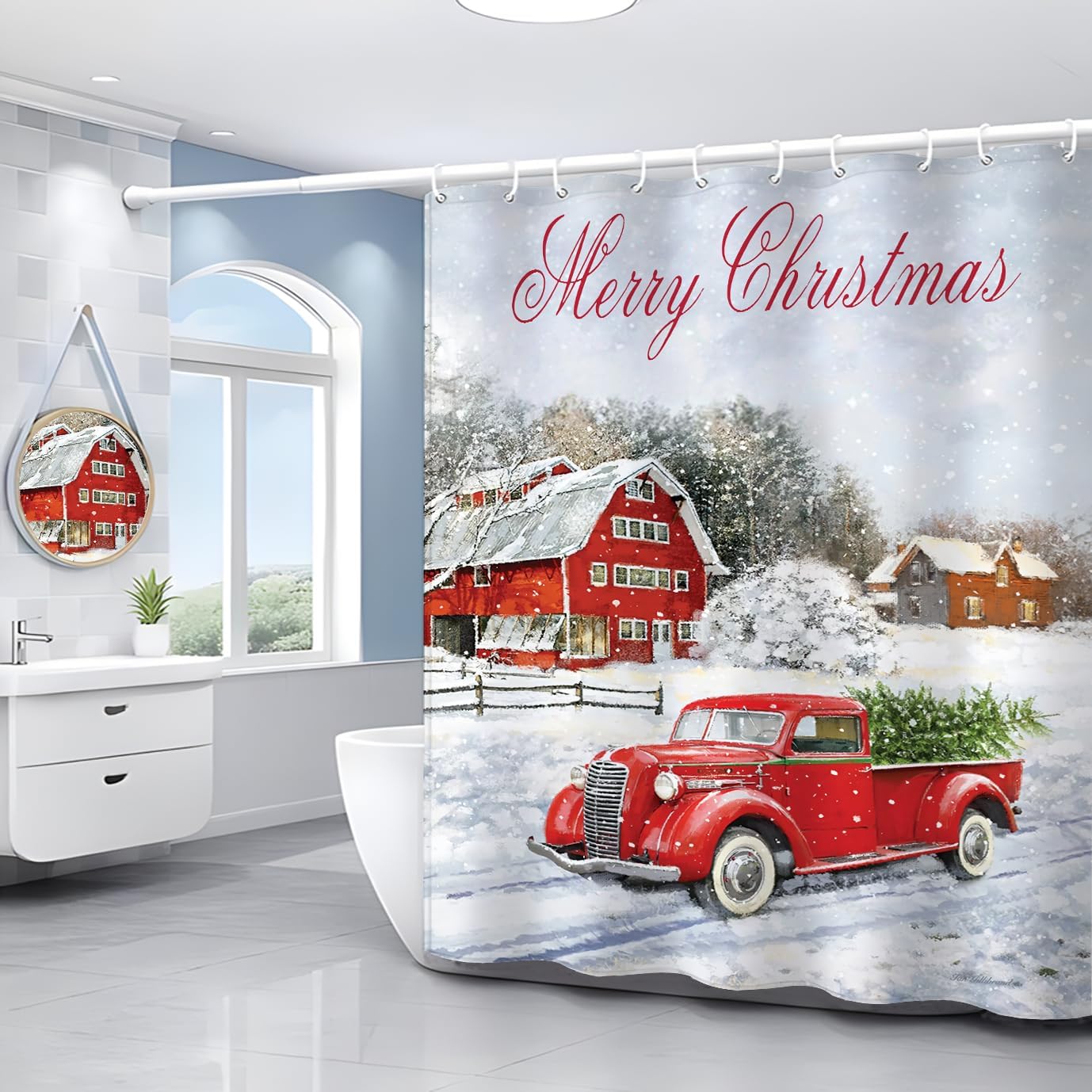 Vintage Red Truck Christmas Shower Curtain Set - Merry & Festive - 12 Hooks - 72X72