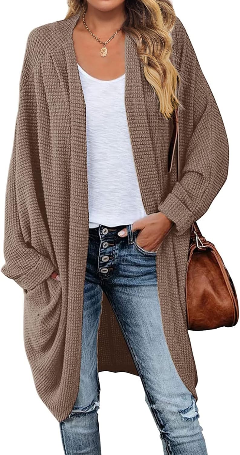 Stylish Women's Waffle Knit Batwing Cardigan for Fall Wear