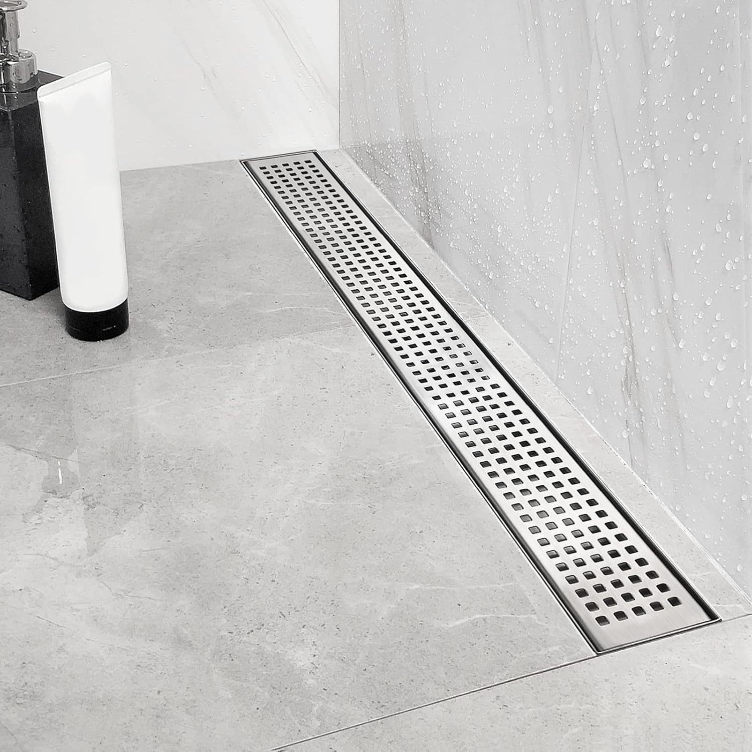 24-Inch Linear Shower Drain with Quadrato Pattern Grate Design