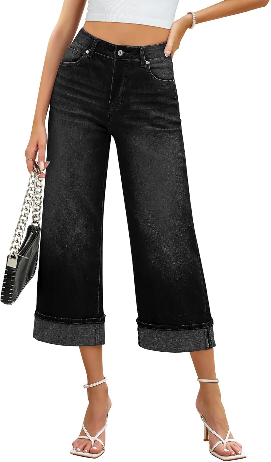 GRAPENT Wide Leg Jeans for Women - High Waisted Cropped Pants