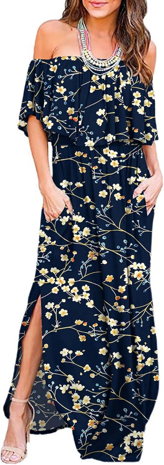 LILBETTER Womens Off The Shoulder Ruffle Maxi Dress for Summer