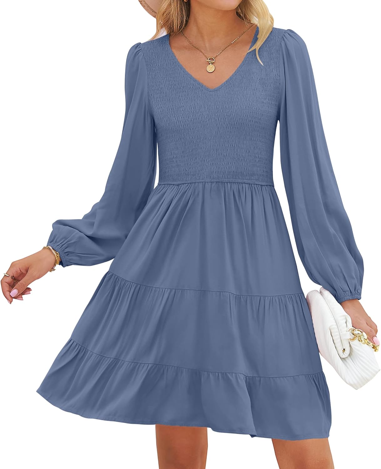 ZESICA Women's Casual V Neck Long Sleeve Mini Dress for All Occasions