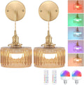 Battery Operated Wall Sconce with Amber Striped Shade Pattern Glass