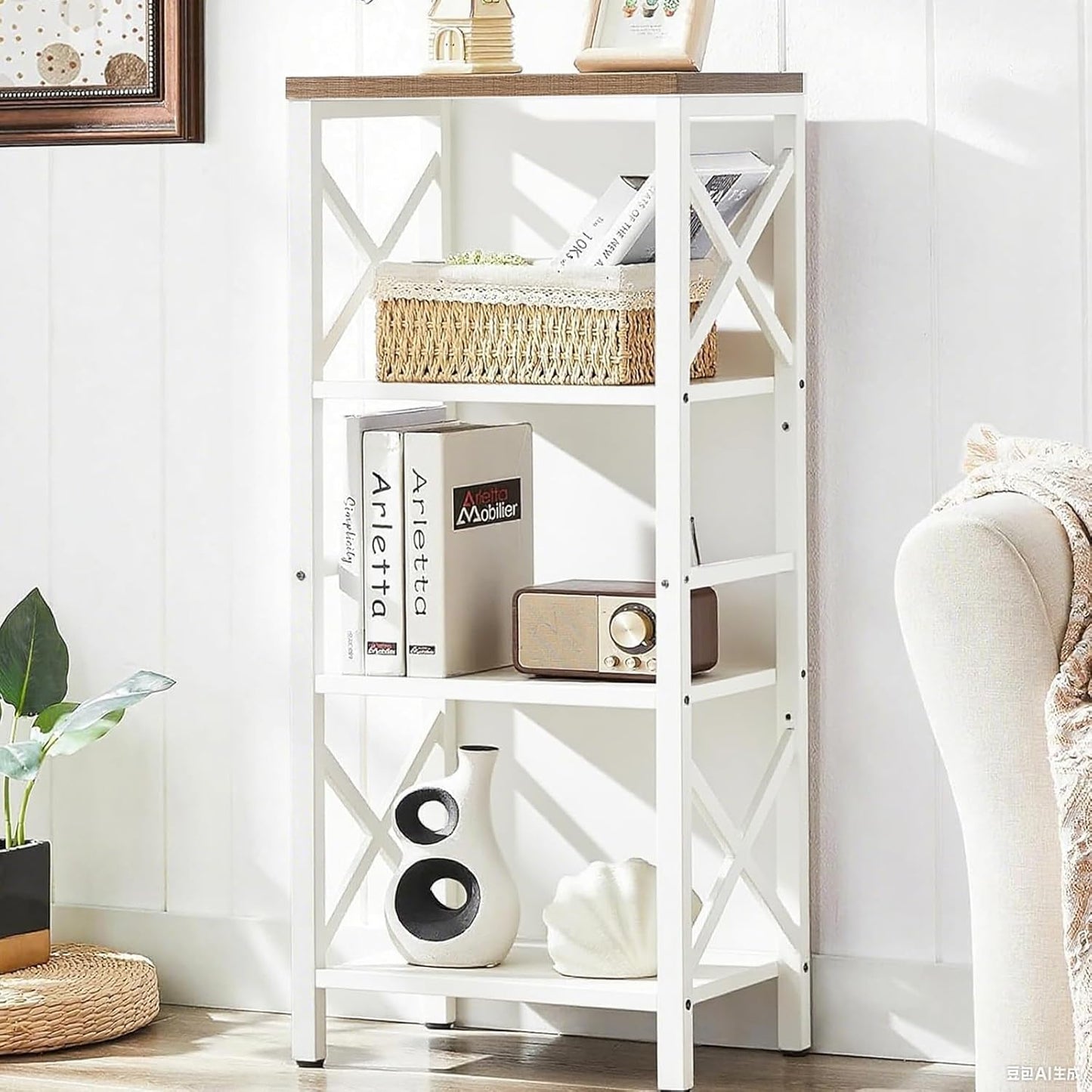Small Bookshelf 4 Tier Industrial Bookcase for Small Spaces