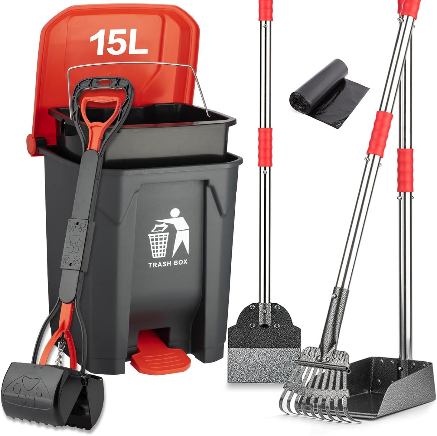 Pooper Scooper Set for Dogs with Trash Can and Rake Included