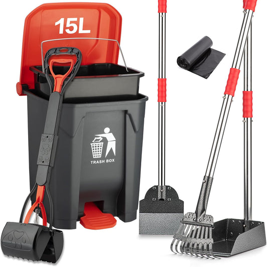 Pooper Scooper Set for Dogs with Trash Can and Rake Included