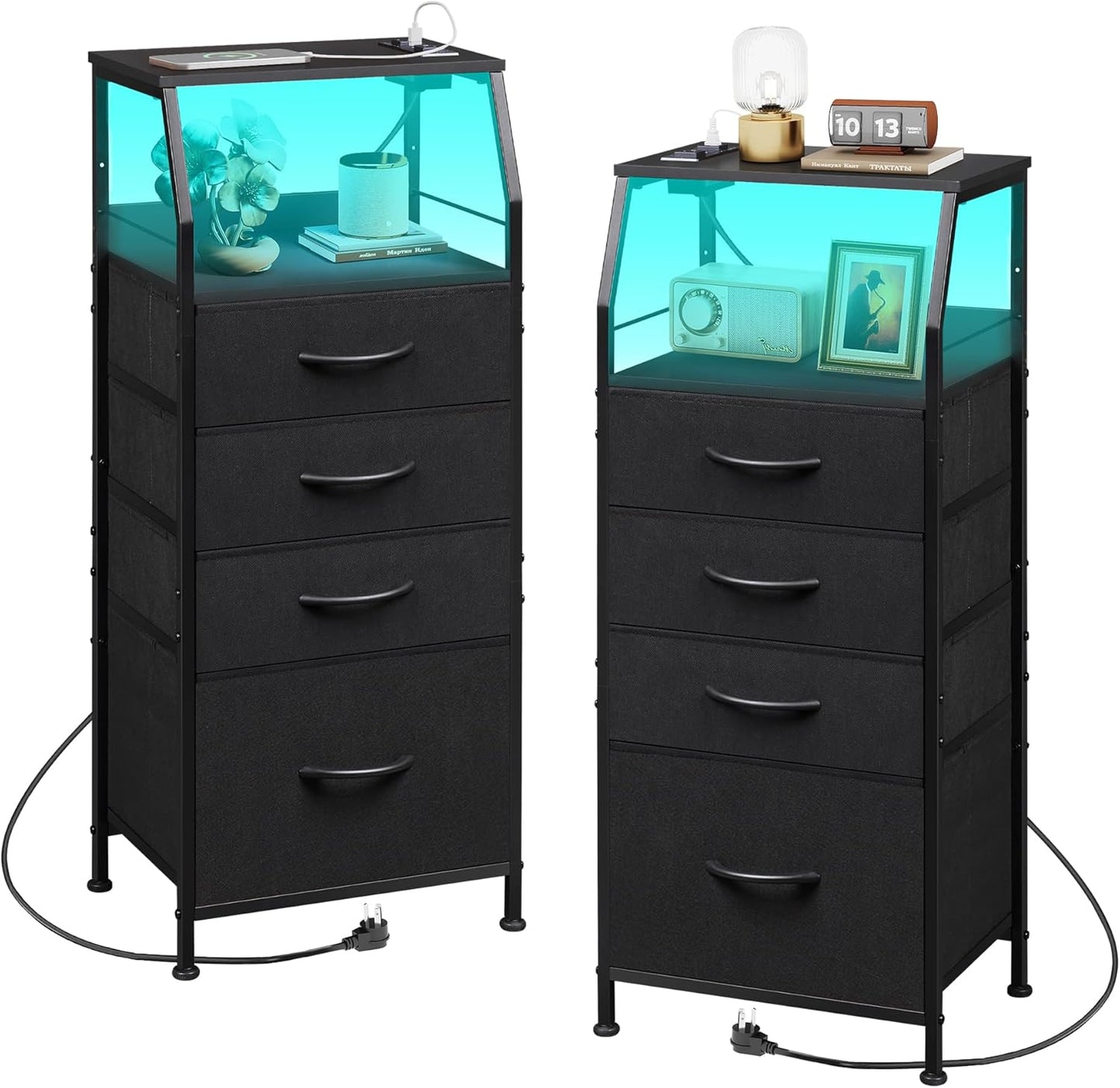 WLIVE Night Stand Set of 2 with Charger Station and LED Light