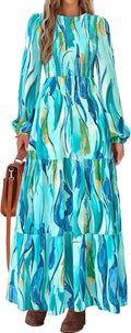 Women's Long Sleeve Floral Maxi Dress - Smocked Tiered Flowing Fit