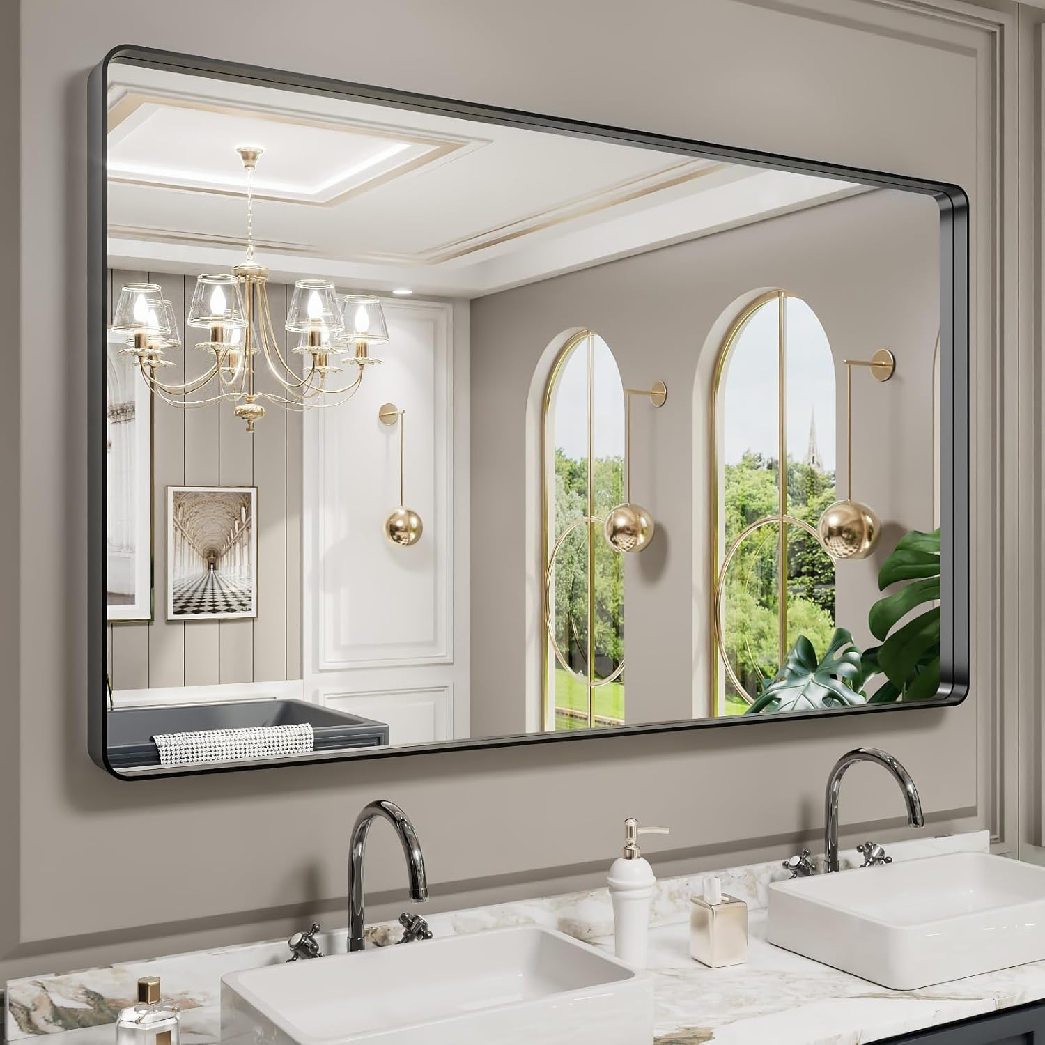 Large 60X36 Inch Black Metal Framed Bathroom Mirror for Wall