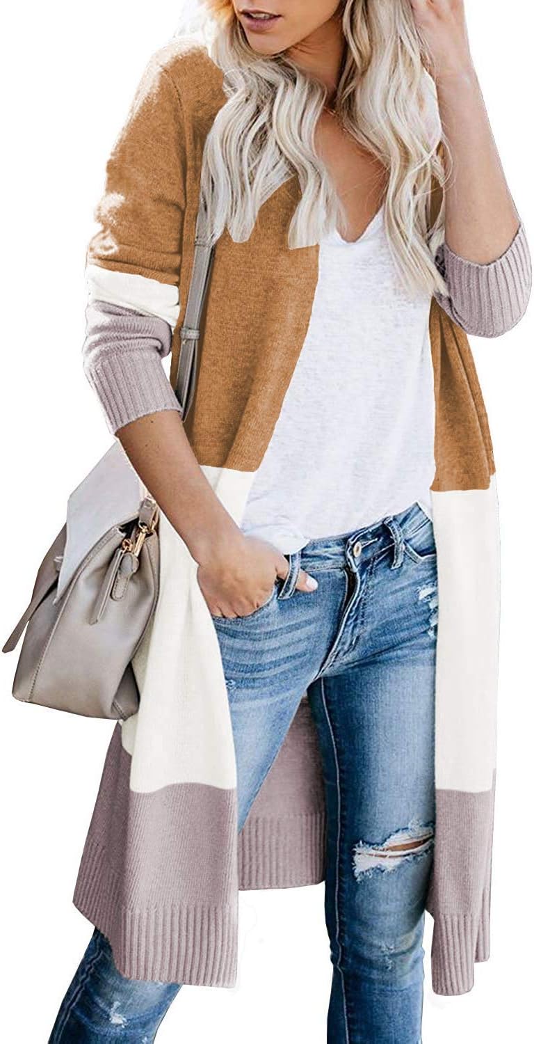 Stylish Women's Long Cardigan Open Front Color Block Sweater