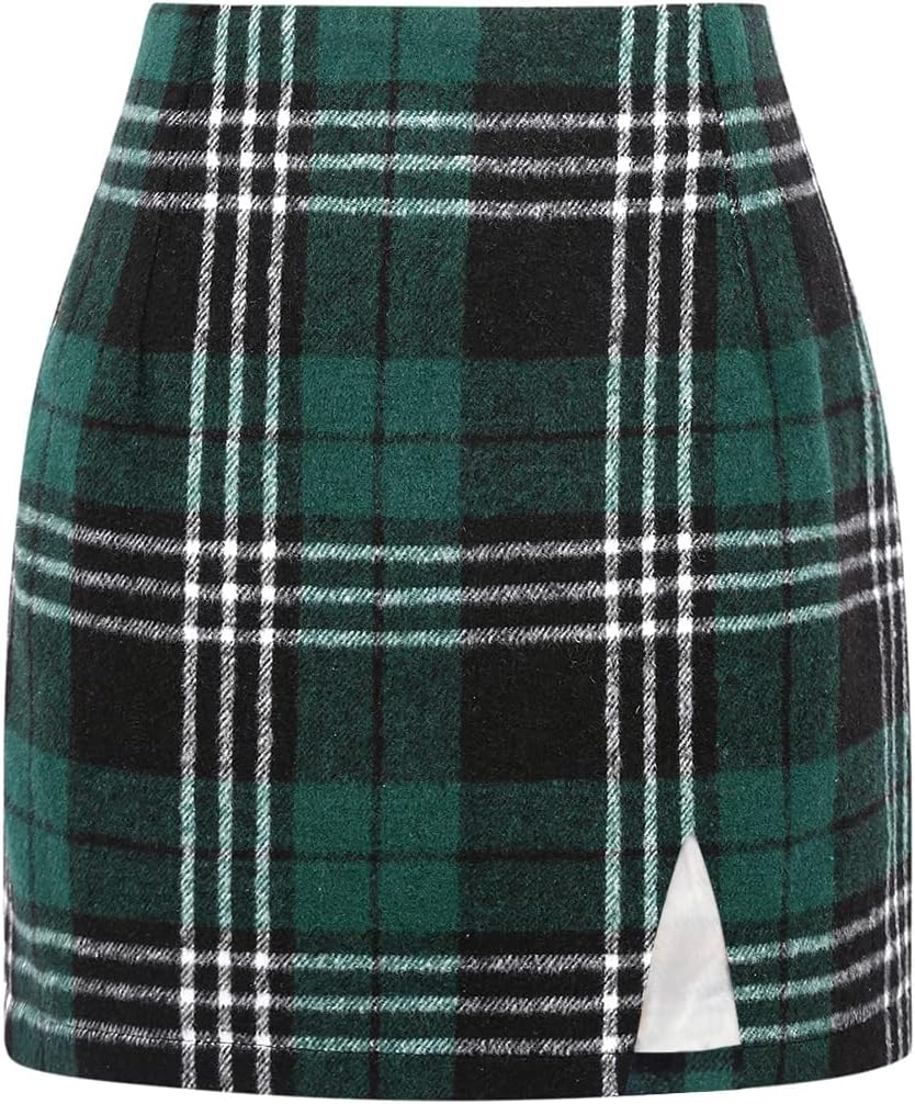 Plaid Mini Skirts for Womens High Waisted Wool Bodycon Style