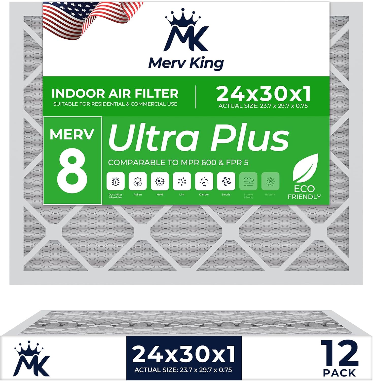 MervKing 24x30x1 Air Filter - MERV 8 for Clean Indoor Air