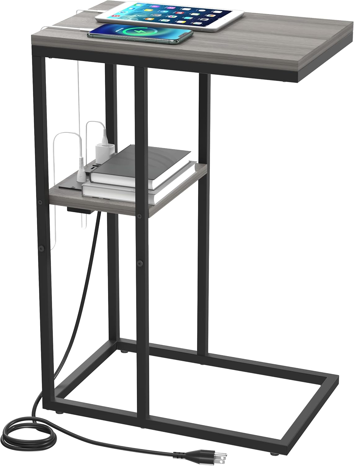 C Shaped End Table with Charging Station for Small Spaces
