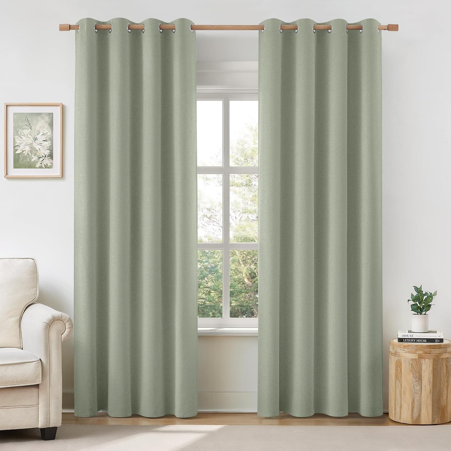 100% Sage Green Linen Blackout Curtains for Bedroom 52 x 84 in