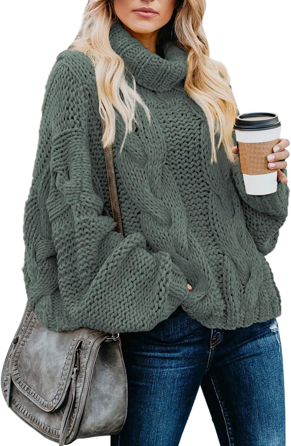 Dokotoo Womens Chunky Cable Knit Turtleneck Sweater Pullover