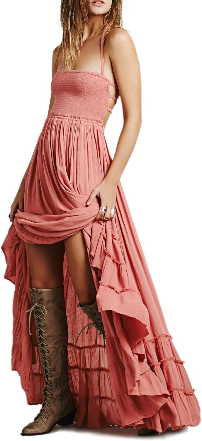 R.Vivimos Womens Summer Boho Backless Long Dresses for Fun