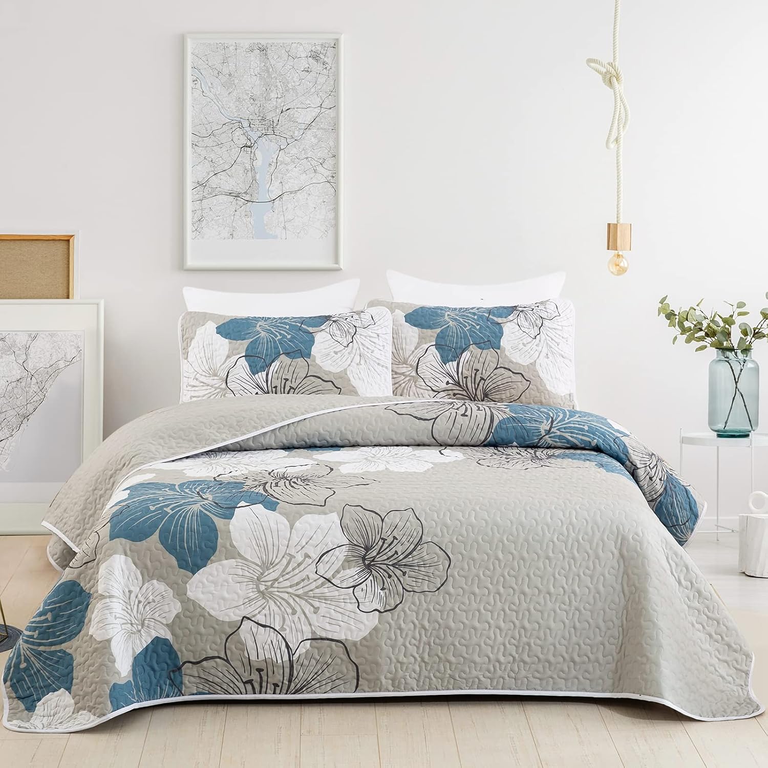 DJY 3 Pieces Quilt Set California King Blue Floral Pattern