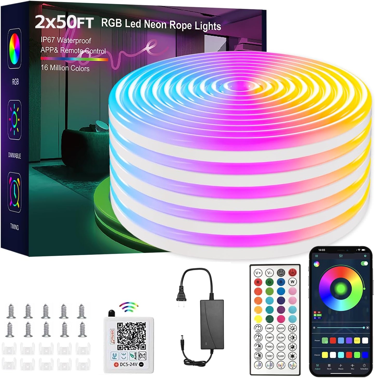 Neon Rope Lights 100FT IC RGB LED Strip Lights for Parties