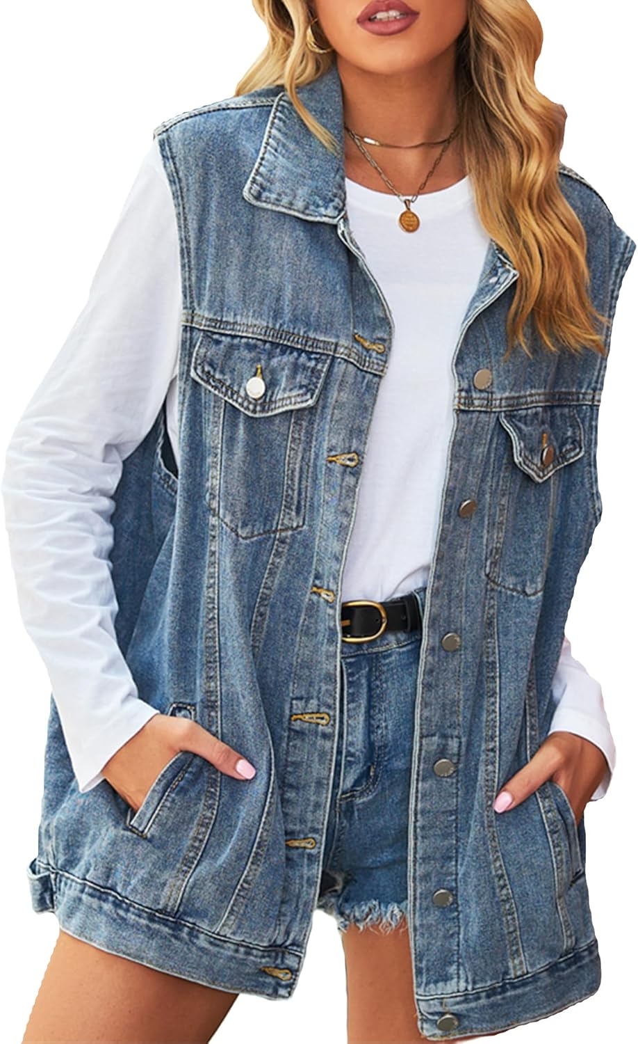 Oversized Denim Vest for Women - Stylish Mid Long Jean Jacket