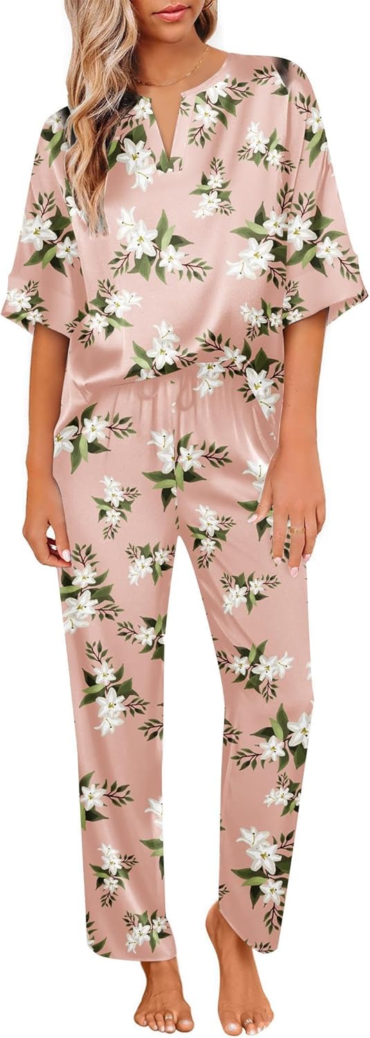 Ekouaer Silk Pajama Set for Women - Soft Satin Loungewear