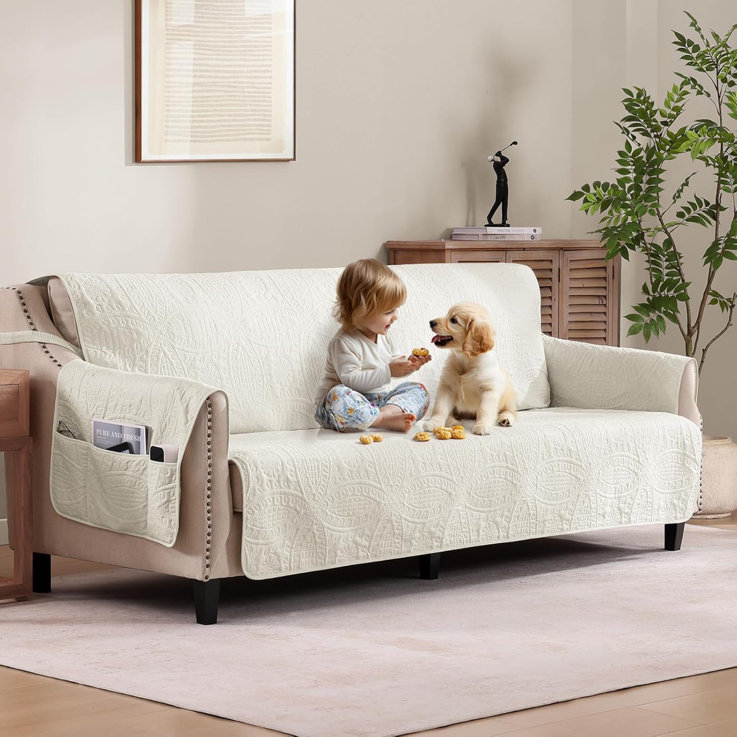 Quilted Grand Sofa Covers for 4 Cushion Couch - Ivory White