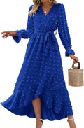 Long Sleeve Maxi Dress for Women V Neck Swiss Dot Wrap - Boho Fall