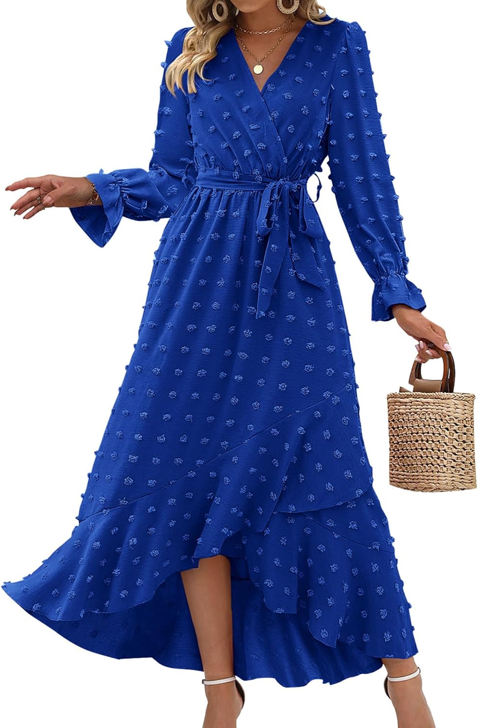 BTFBM Long Sleeve Maxi Dresses for Women with Swiss Dot Design