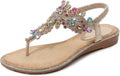 iCKER Rhinestone Sandals T-Strap Pearl Crystal Flats - Comfortable