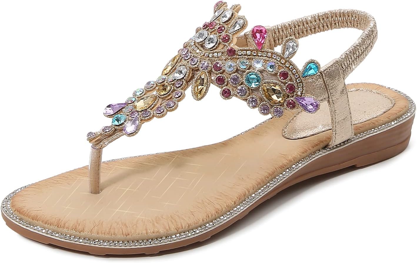 iCKER Women Rhinestone Sandals T-Strap Bohemian Pearl Style
