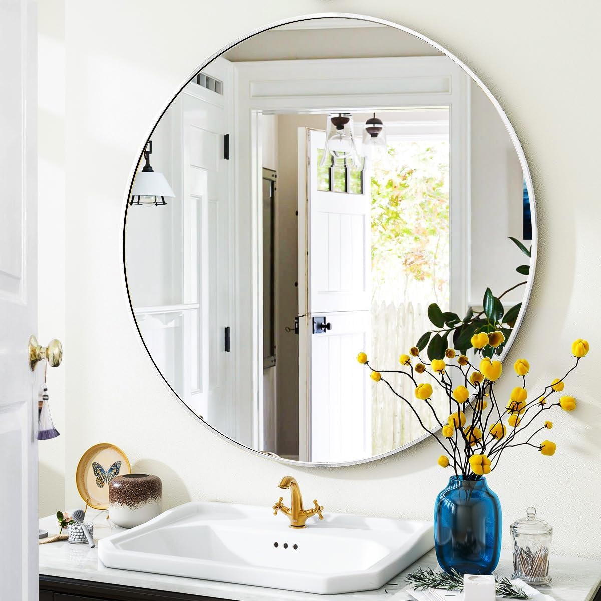 Silver Round Bathroom Mirror with Modern Metal Frame Design