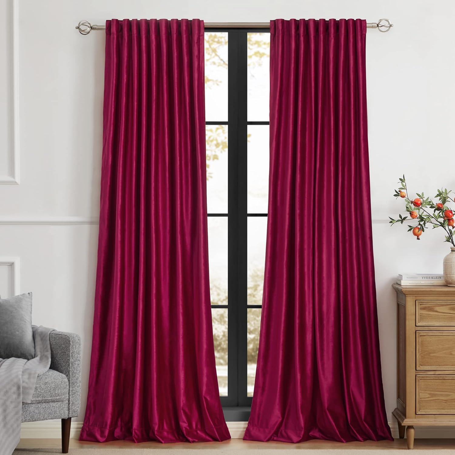 PRIMROSE Red Velvet Curtains 108 inch for Living Room Decor