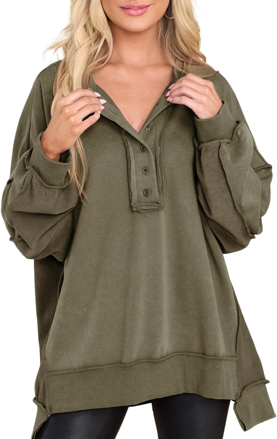 AlvaQ Oversized Casual Long Sleeve Button Henley Sweatshirt