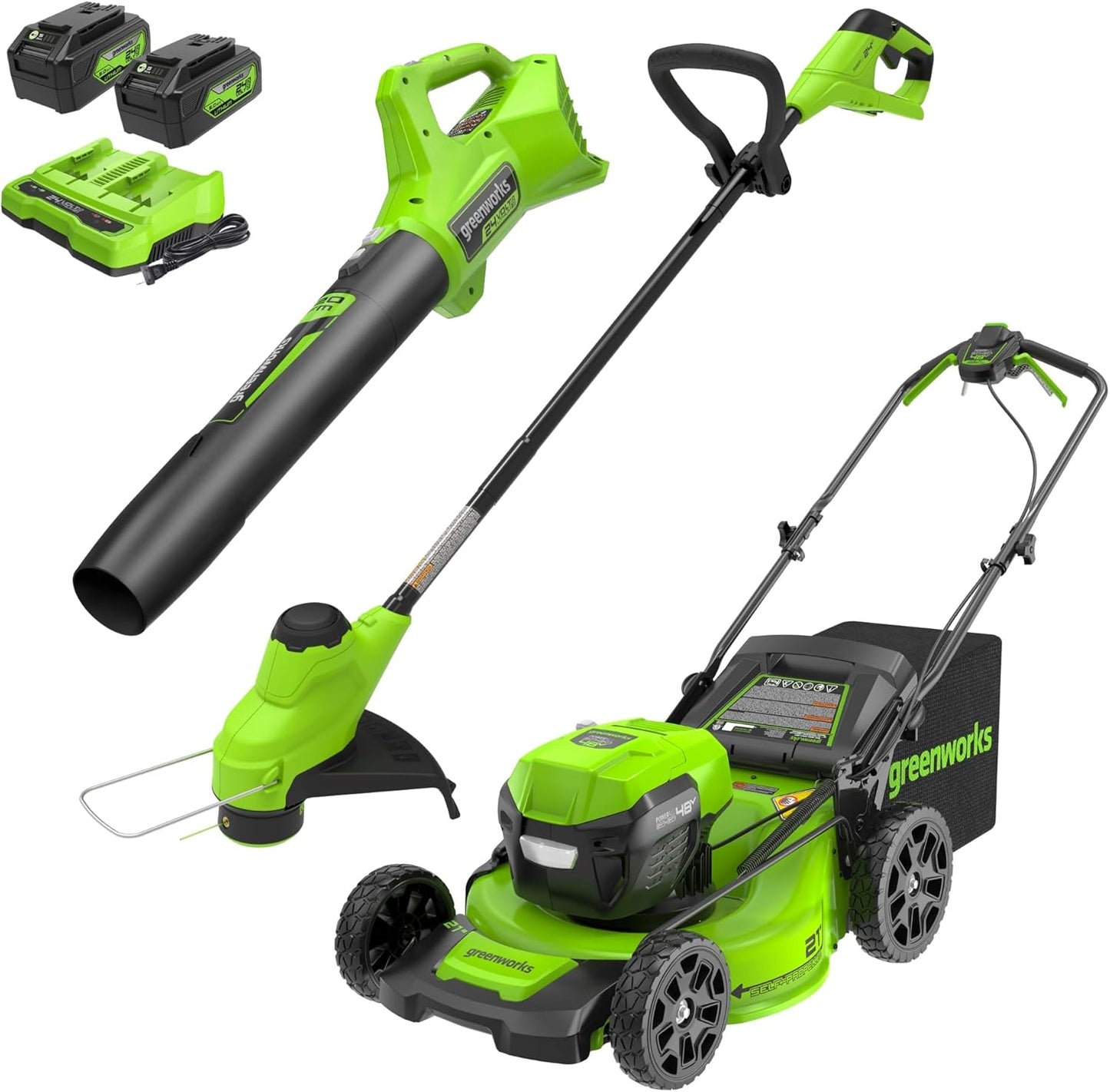 Greenworks 48V 21in Brushless Mower, Trimmer, and Blower Combo