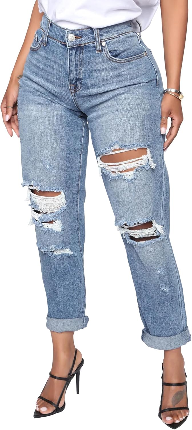 BessCops Women's Boyfriend Jeans Ripped Distressed Denim Pants
