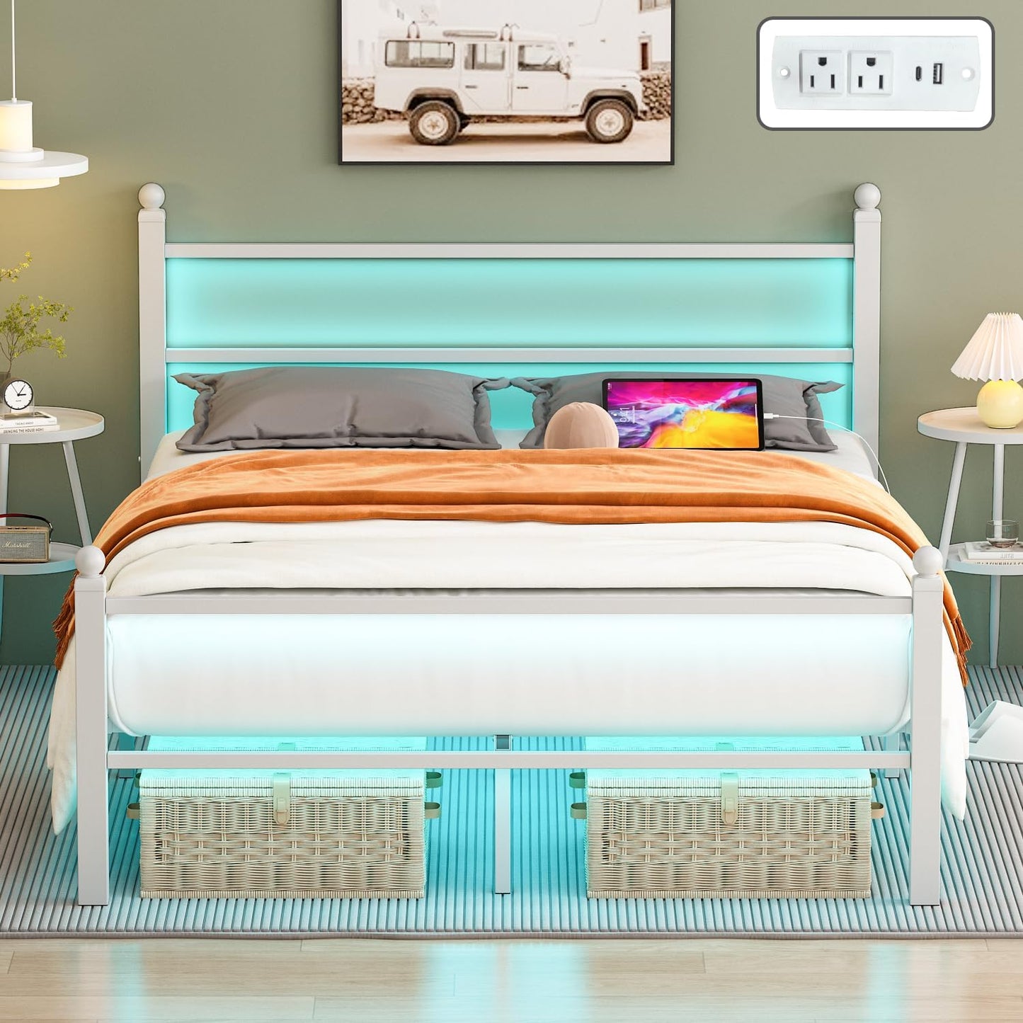Full Size Bed Frame with Headboard and LED Lights for Comfort