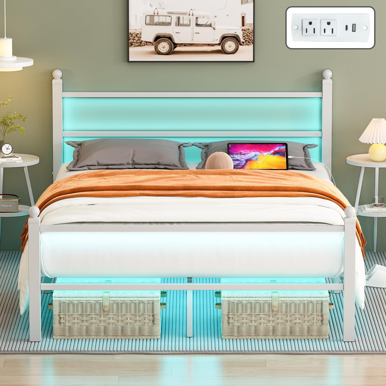 Full Size Bed Frame with Headboard and LED Lights for Comfort