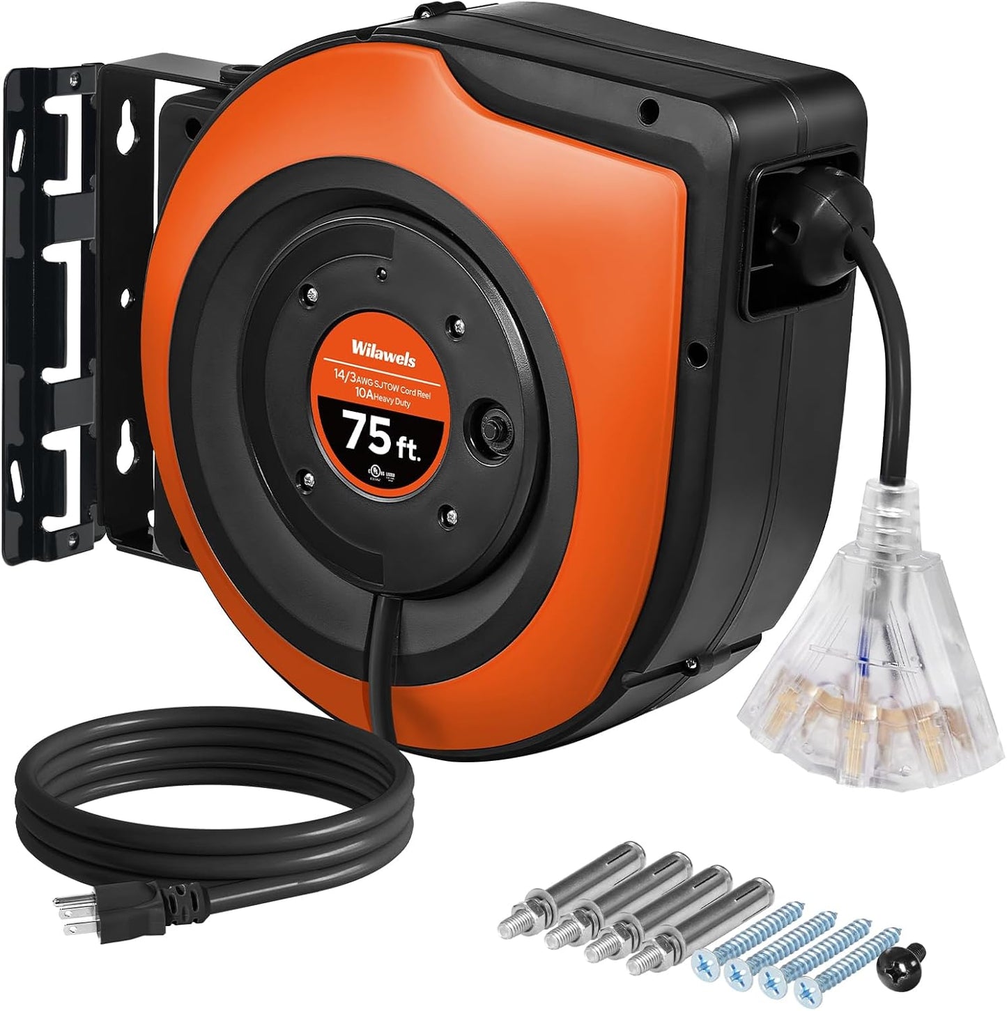 75FT Heavy Duty Retractable Cord Reel with 3 Outlets and Breaker