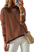 NARURAL Womens Lightweight Cotton Striped Crew Neck Sweater