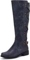 Syktkmx Womens Strappy Motorcycle Knee High Boots - Warm and Stable