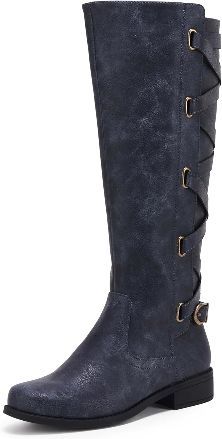 Syktkmx Womens Strappy Motorcycle Knee High Boots for Winter