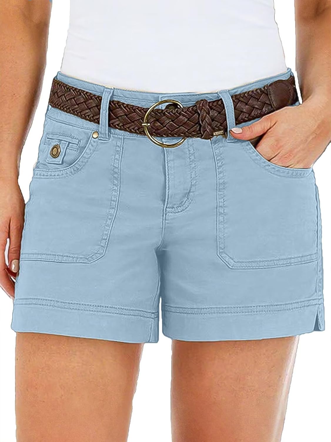 Flamingals Women's Mid Waist Solid Split Side Casual Shorts