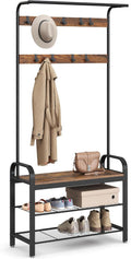 Rustic Brown Coat Rack Hall Tree with Shoe Bench - 4-in-1 Entryway