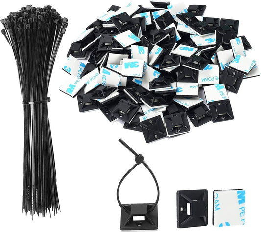 100 Black Cable Tie Mounts with Sticky Pads Set