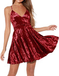 Womens Crushed Velvet Spaghetti Straps V Neck Mini Dress - Party Ready