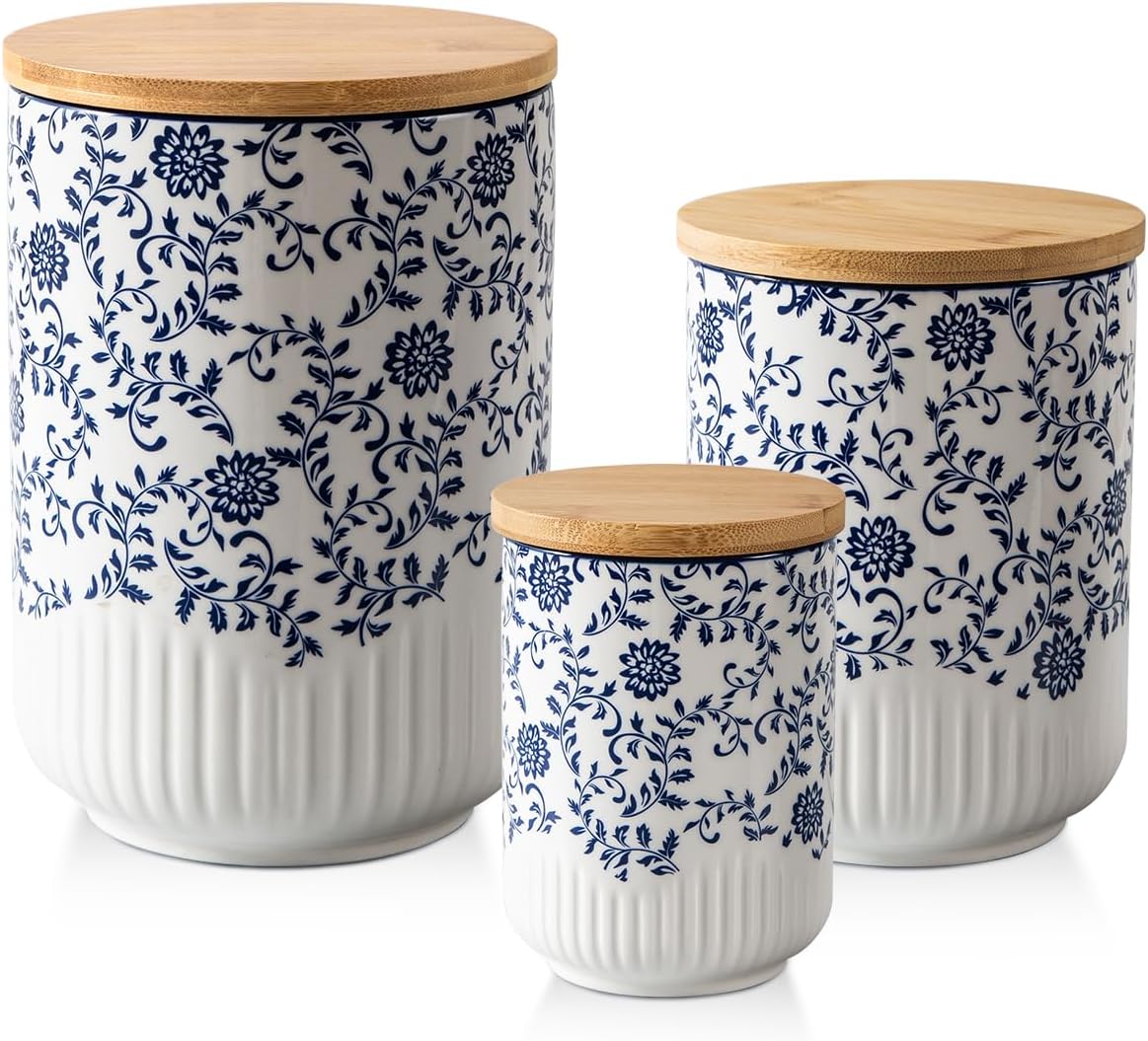 Blue Kitchen Canisters Set of 3 - Ceramic Airtight Containers