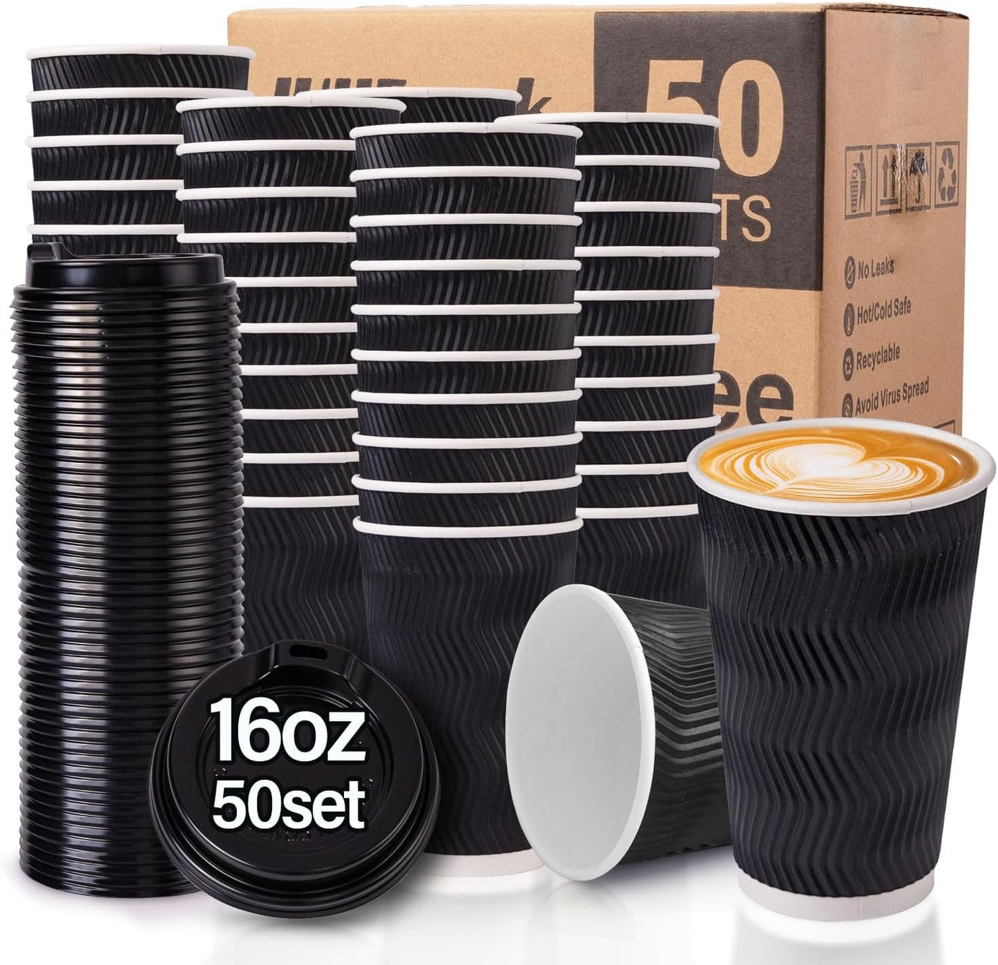 50 Pack 16oz Insulated Ripple Coffee Cups, Hot/Cold Drinks, JUHEpack