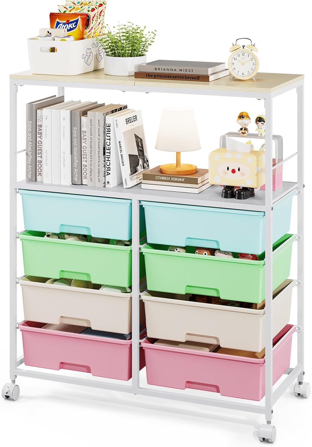 8 Drawers Rolling Storage Cart with Wooden Top for Home Office