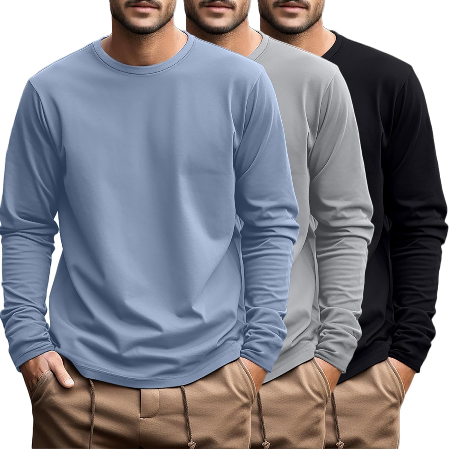 Ficerd 3 Pack Men's Big and Tall Long Sleeve Cotton Tees